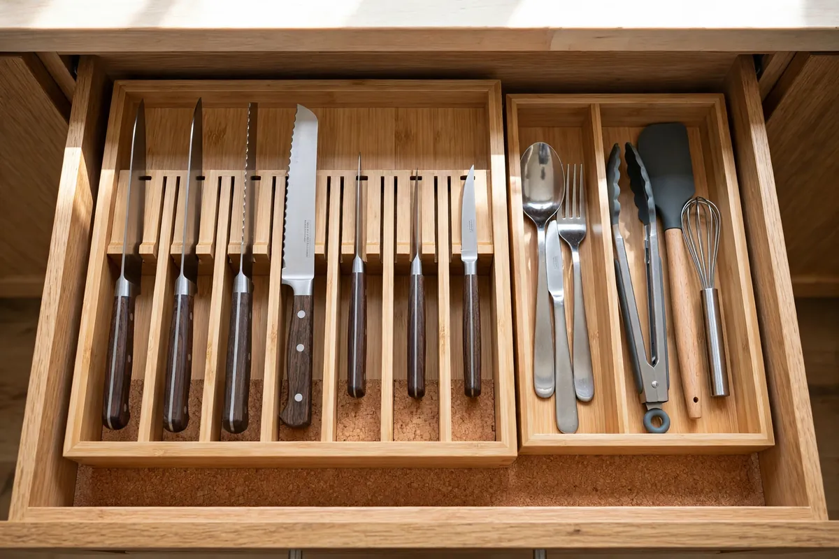 Drawer knife block insert holding kitchen knives safely in individual slots