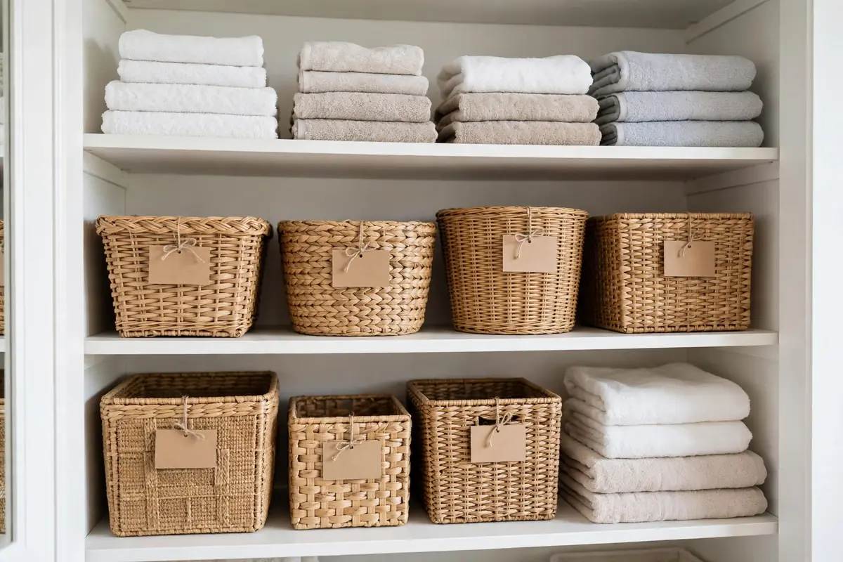 Neatly labeled baskets and bins on linen closet shelves showing where each item belongs