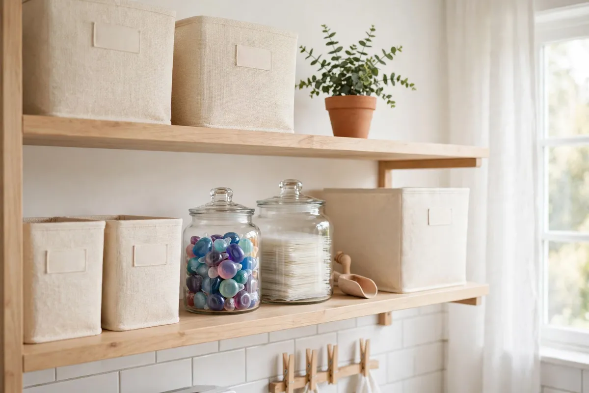 Matching labeled storage bins on laundry room shelves keeping detergent and supplies sorted
