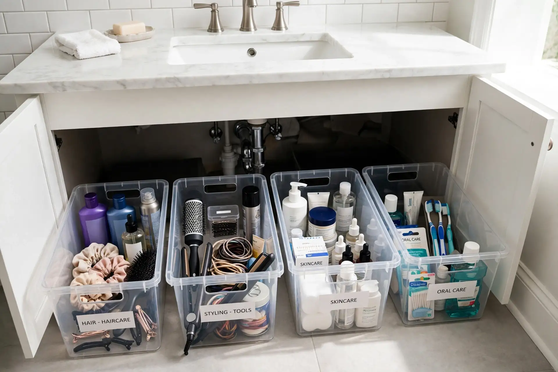 Clear labeled bins of toiletries pulled out from under a bathroom sink