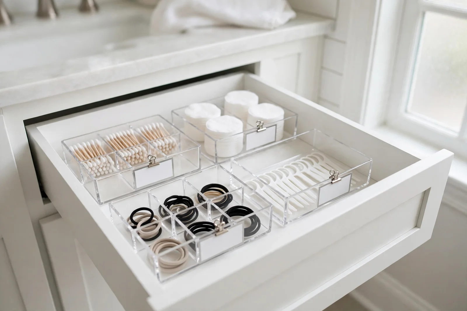 Labeled drawer zones with label maker tags in a bathroom vanity drawer.