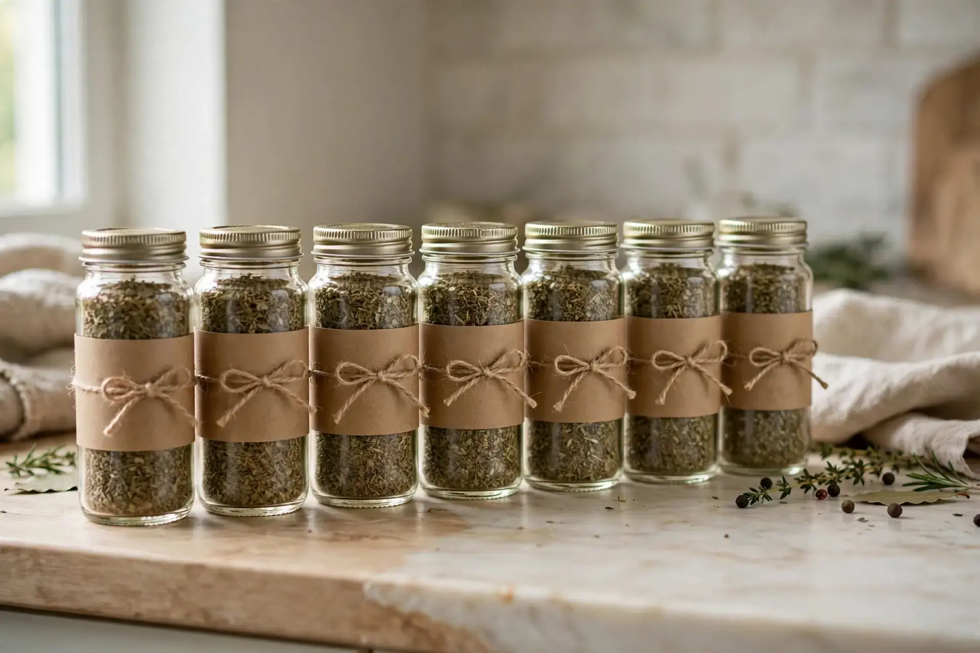 Spice storage ideas: row of identical glass spice jars with matching kraft labels on a kitchen counter