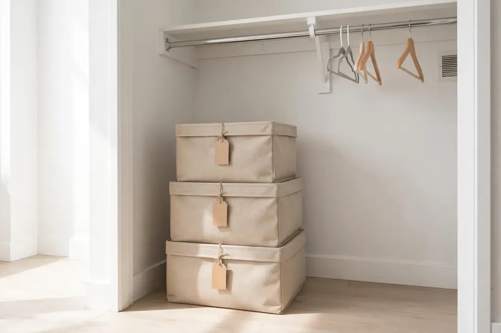 A stack of beige fabric storage bins with category labels on a closet floor.