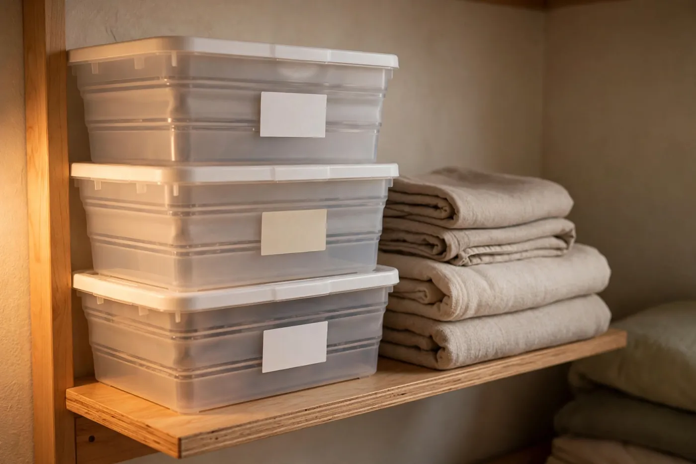 Labeled stackable storage bins on a dorm shelf
