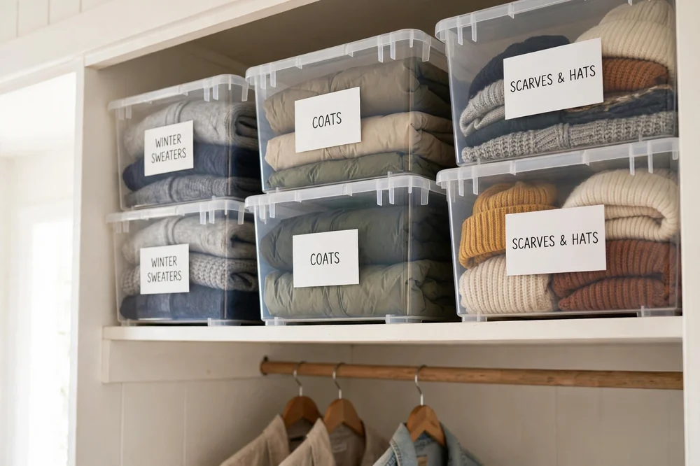 Clear labeled stackable bins on the high shelf of a small closet