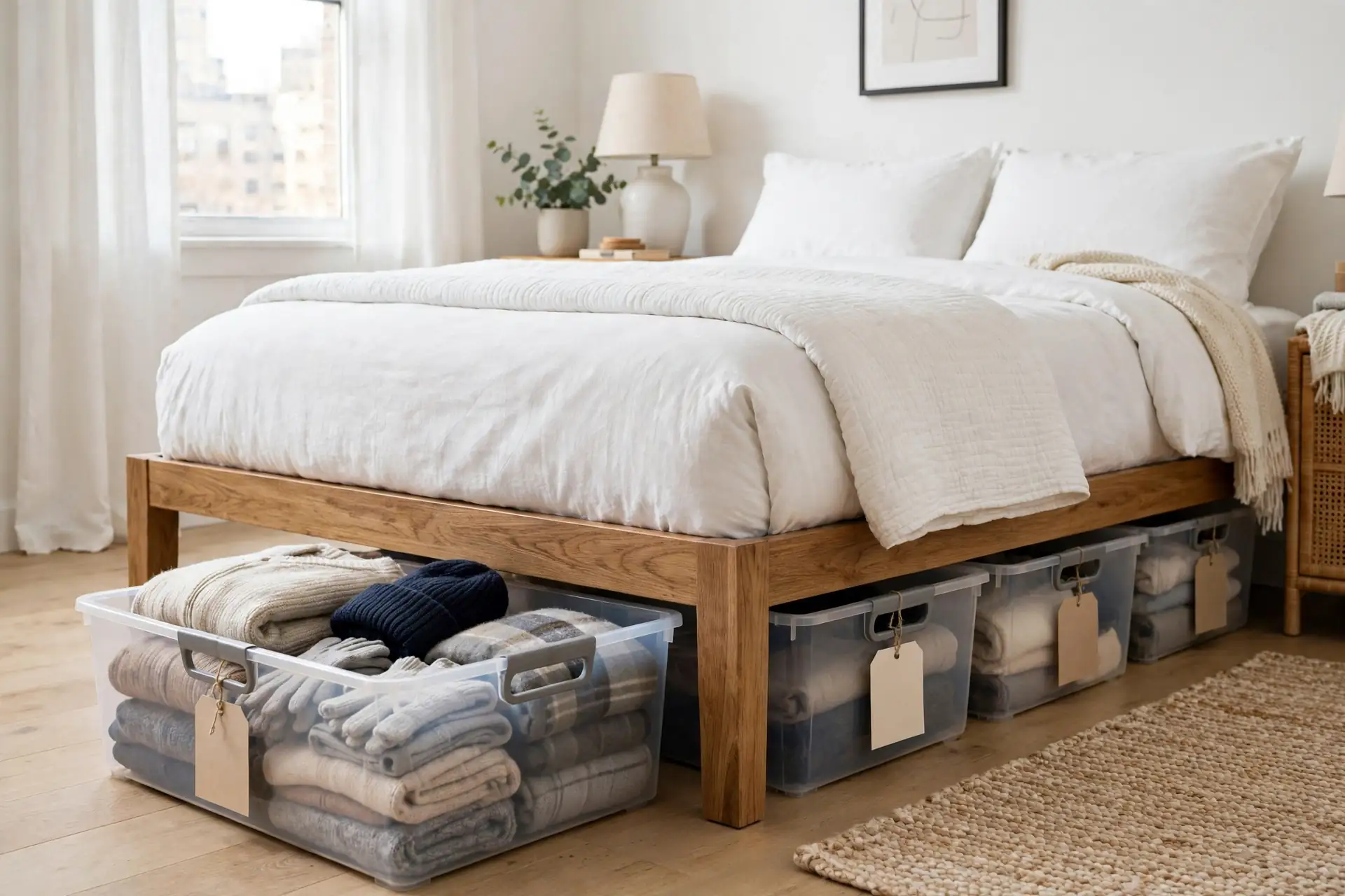 Under-bed storage bins with labels on the outward-facing ends, one pulled out with folded clothes