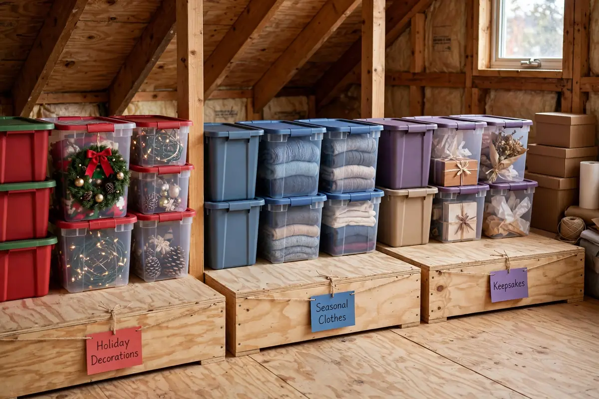 Labeled bin groups forming holiday, seasonal, and keepsake zones in an attic.