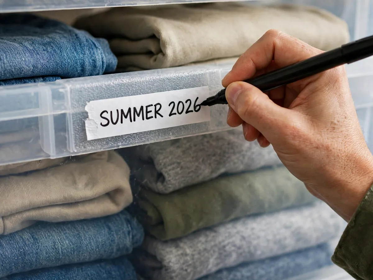 Hand labeling a storage bin for summer clothes with a marker