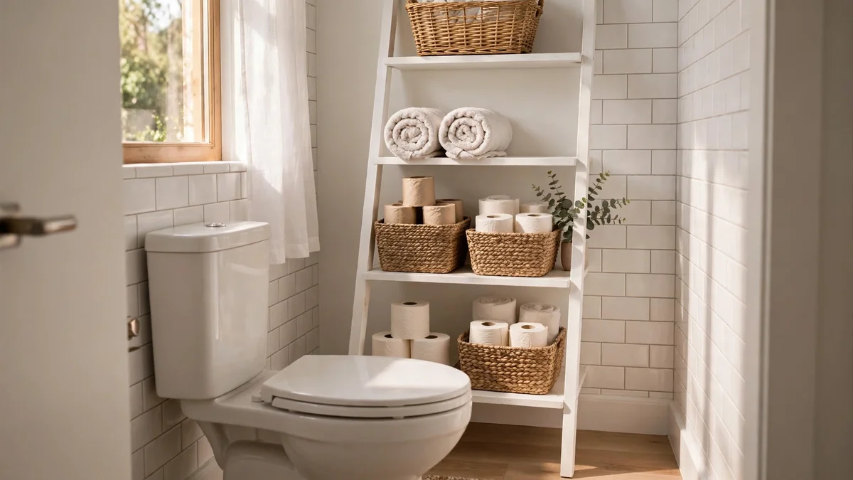 White wooden ladder shelf leaning behind a toilet with baskets and toilet paper