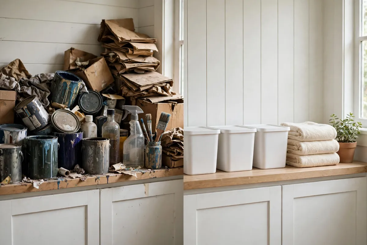 Laundry room shelves before and after decluttering showing only everyday essentials
