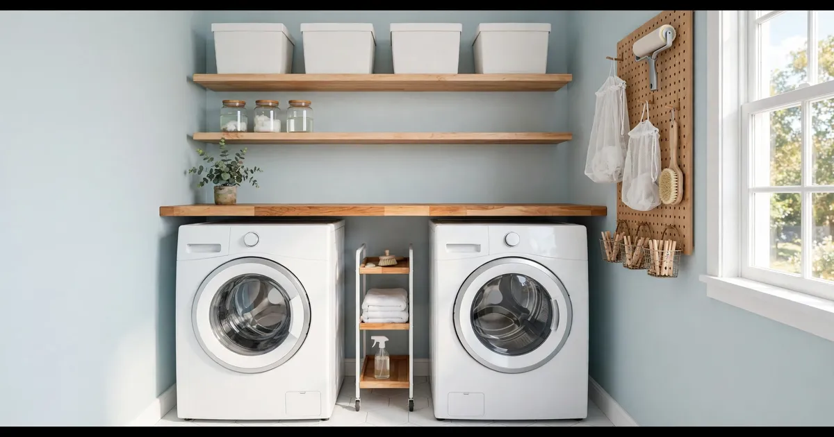 Laundry room organization ideas for small spaces: wall shelves, labeled bins, and a folding counter over the washer and dryer