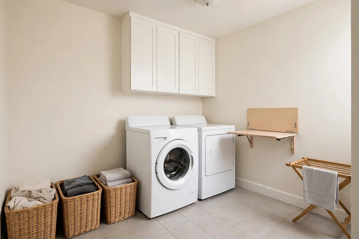 Small laundry room arranged in task zones with sorting hampers, machines, and a folding counter