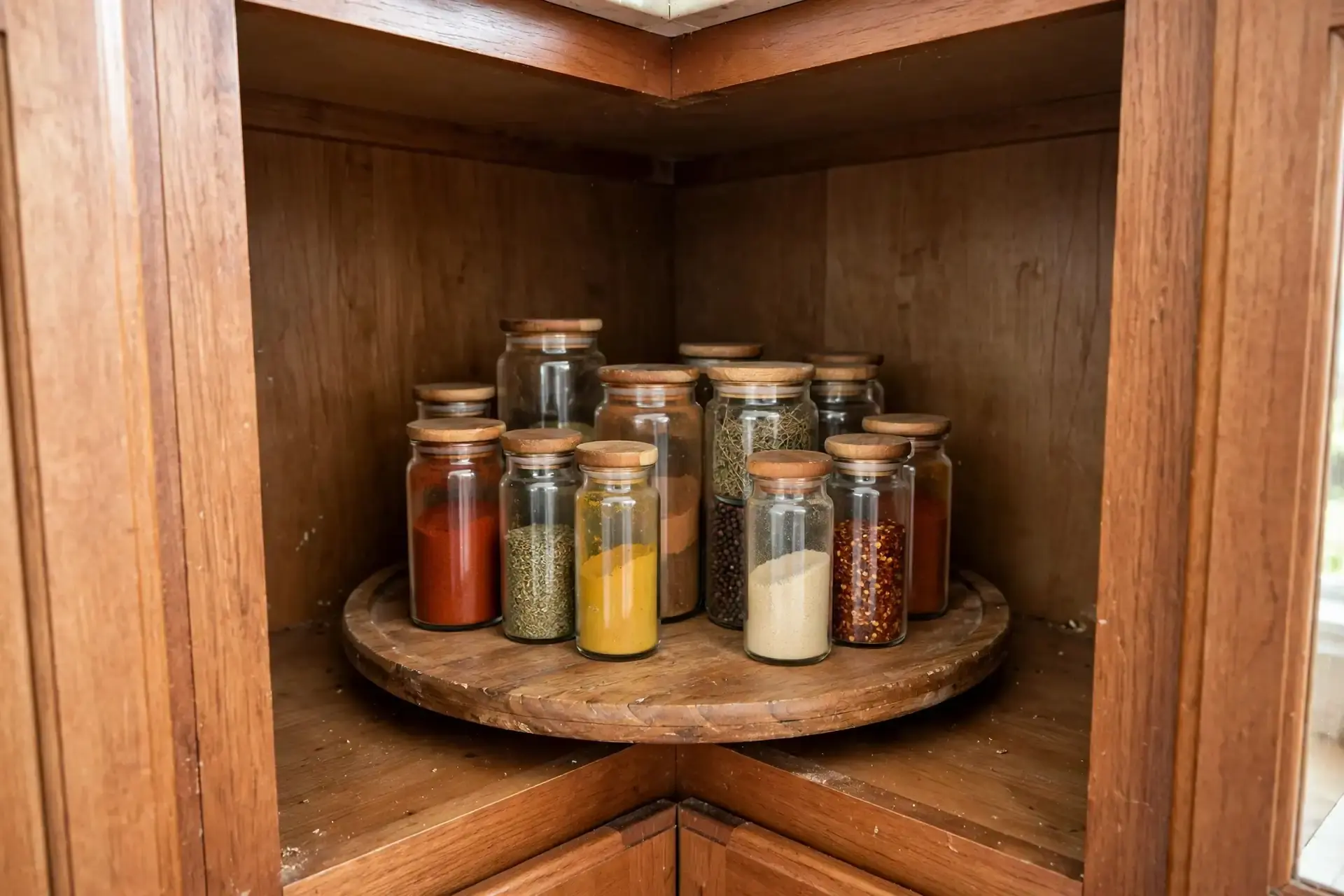 Lazy susan turntable with spice jars inside a deep corner cabinet