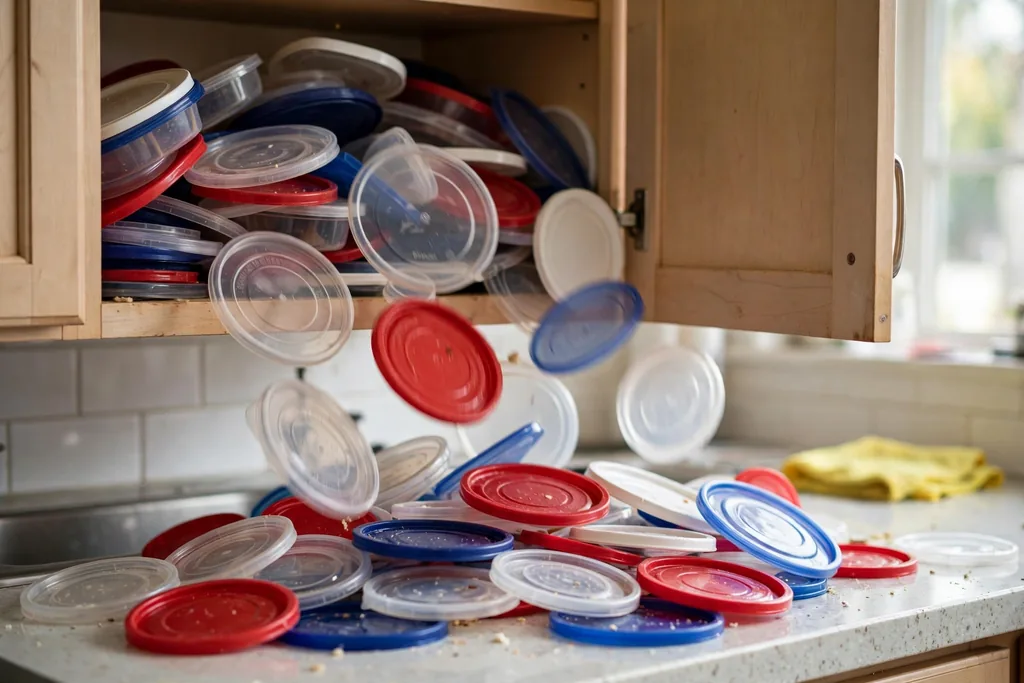 Dozens of mismatched plastic food container lids tumbling out of an open kitchen cabinet in an avalanche