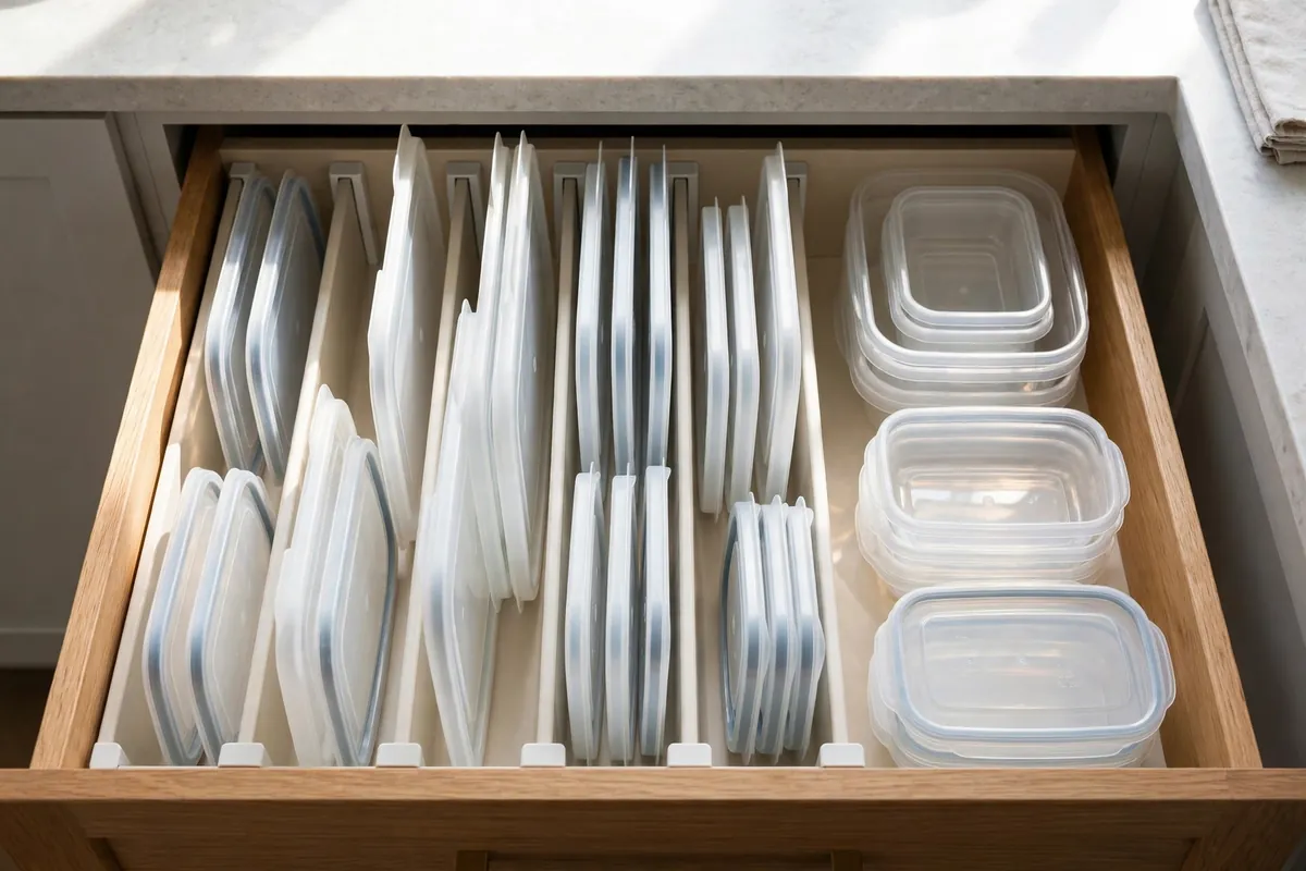 Food container lids filed upright in a drawer with adjustable dividers