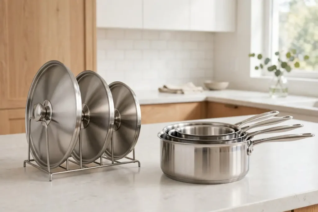 Countertop lid holder with pot lids slotted vertically beside nested saucepans