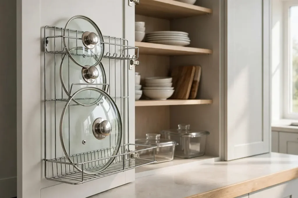 Wire lid rack mounted inside a cabinet door holding pot lids