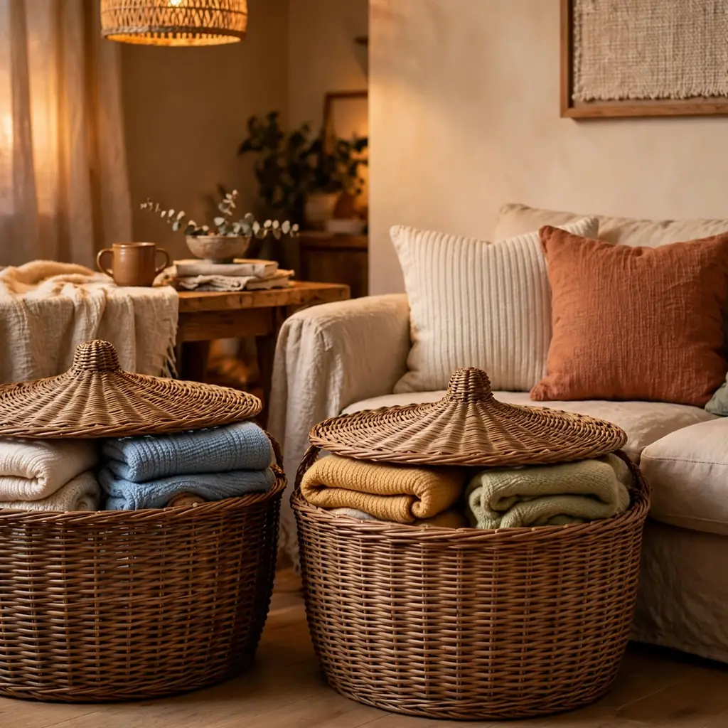 Large lidded woven baskets holding folded blankets beside a sofa