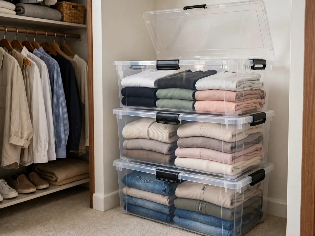 Stacked clear lidded plastic bins holding folded summer clothes