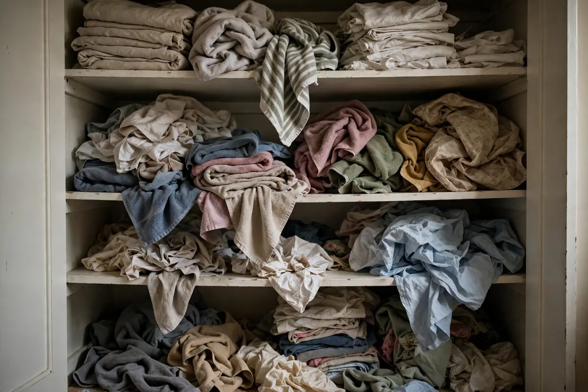 A messy linen closet with jumbled sheets and towels piled on every shelf before organizing