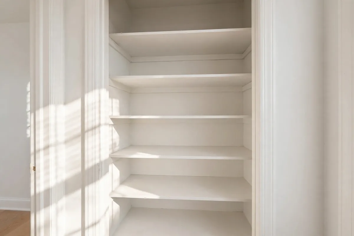 An empty linen closet with bare shelves after decluttering, ready to be reorganized by zone
