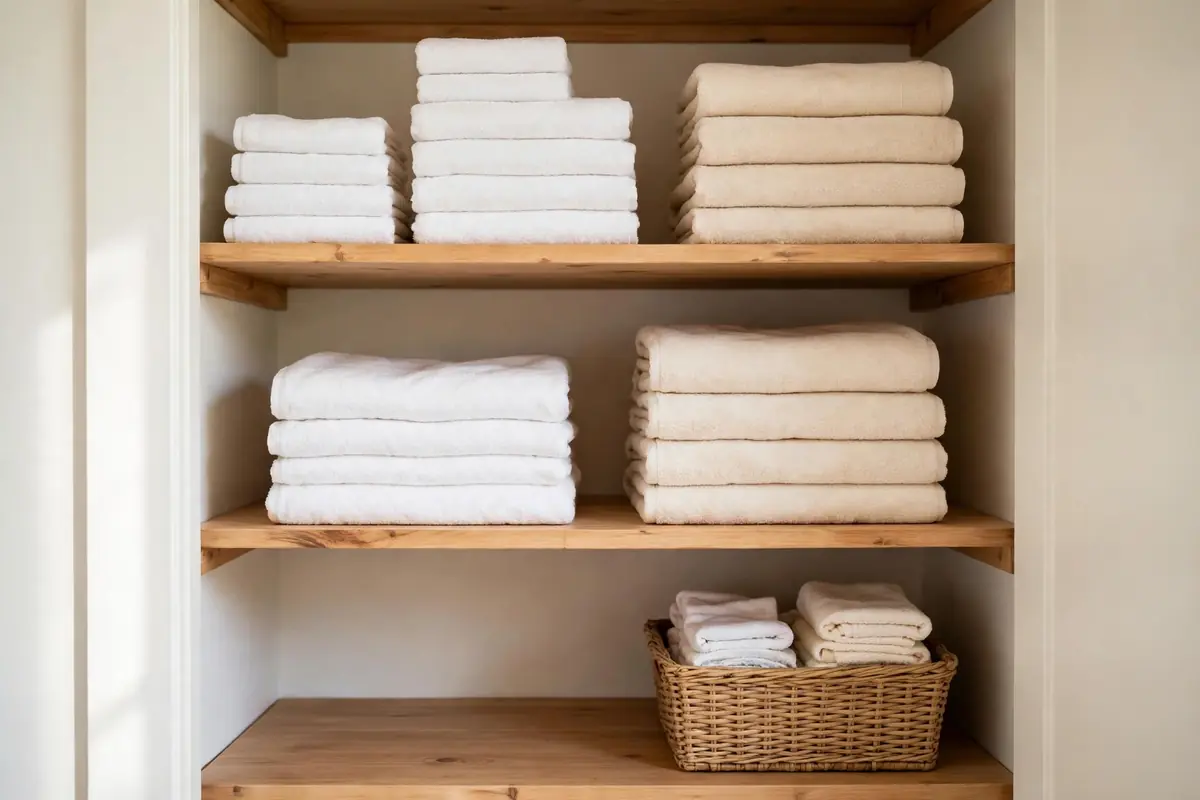 Linen closet with folded towel sets stacked by size