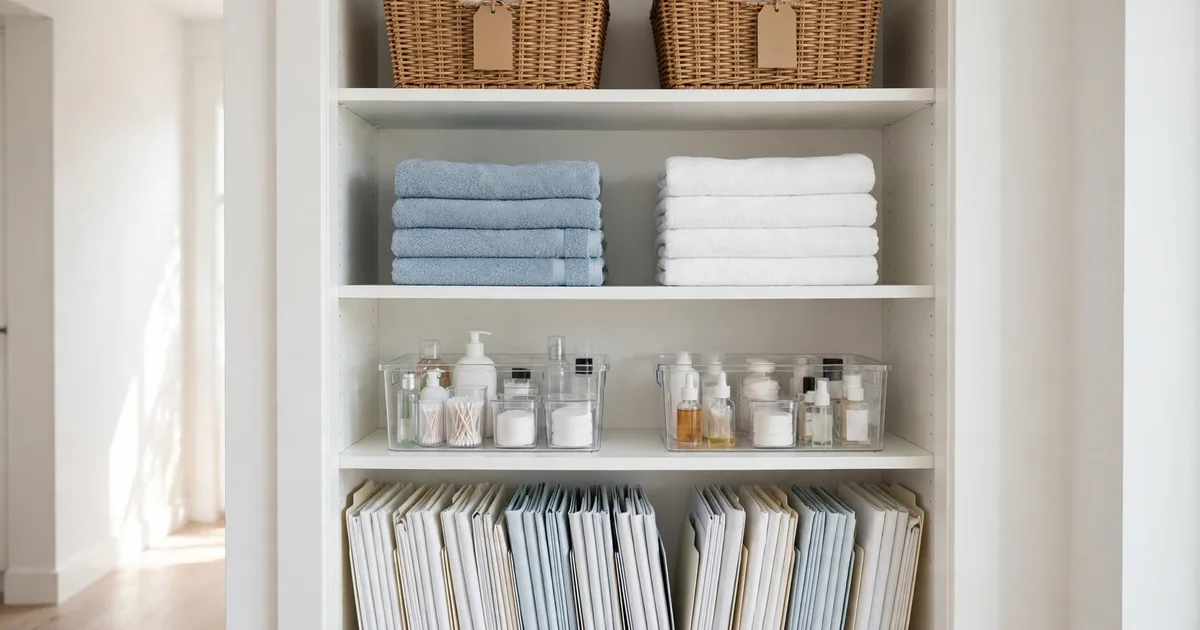 Organized linen closet with folded towels in even stacks, woven baskets with labels, and clear bins