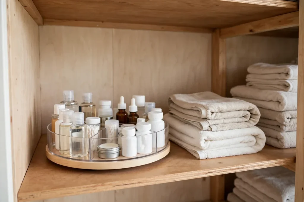 Turntable organizer with toiletry bottles on a deep linen closet shelf