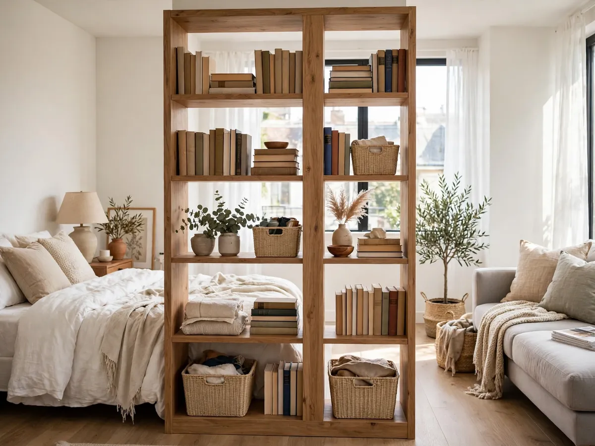 Open bookcase dividing the sleeping and living zones in a studio apartment