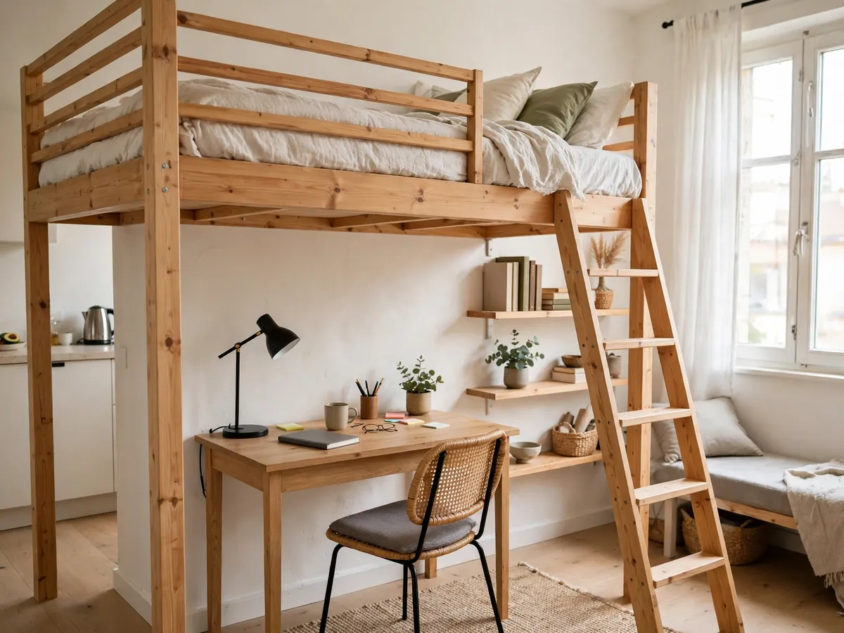 Loft bed with a desk tucked underneath in a studio apartment
