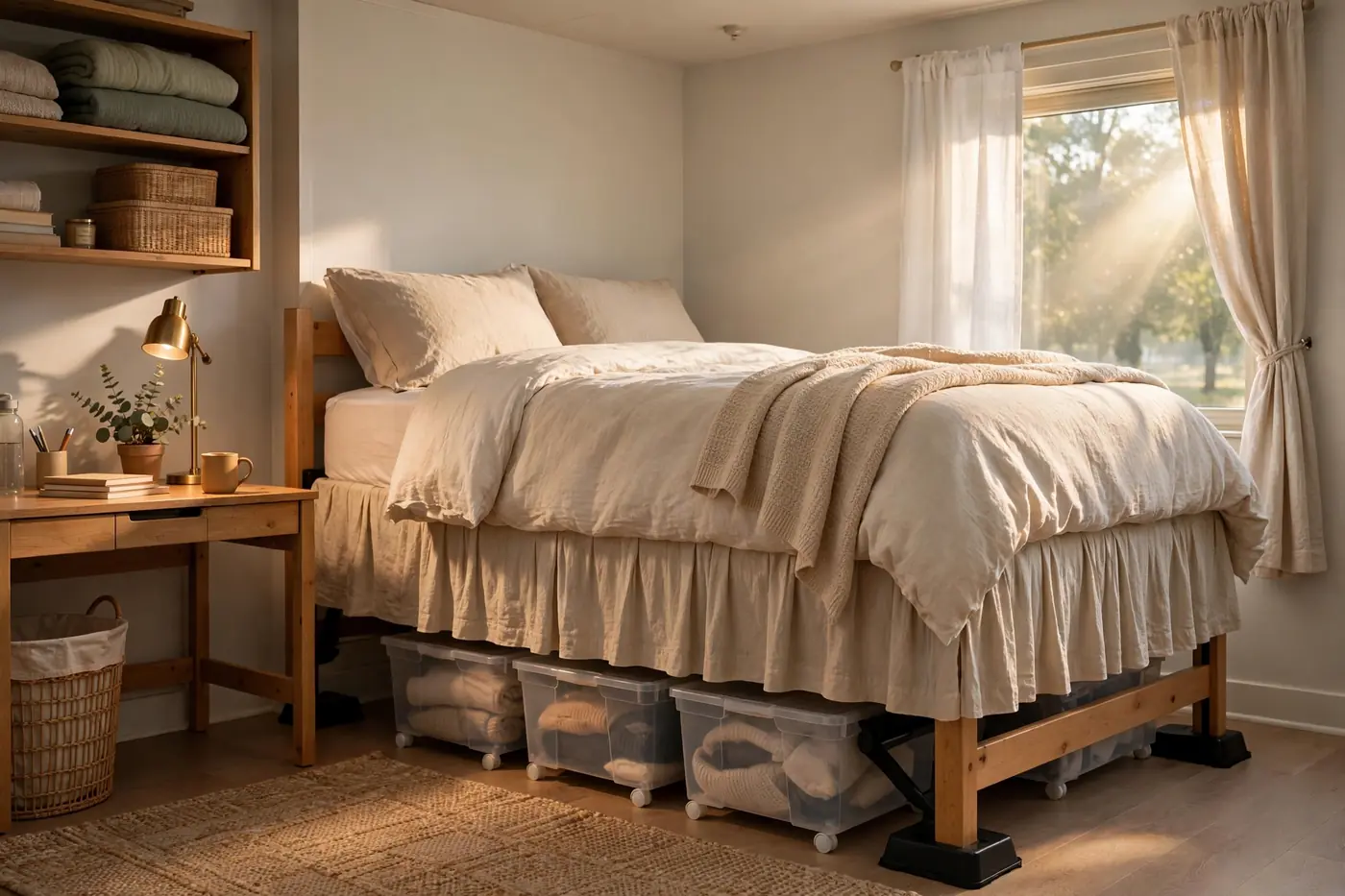 Lofted dorm bed with rolling storage bins underneath