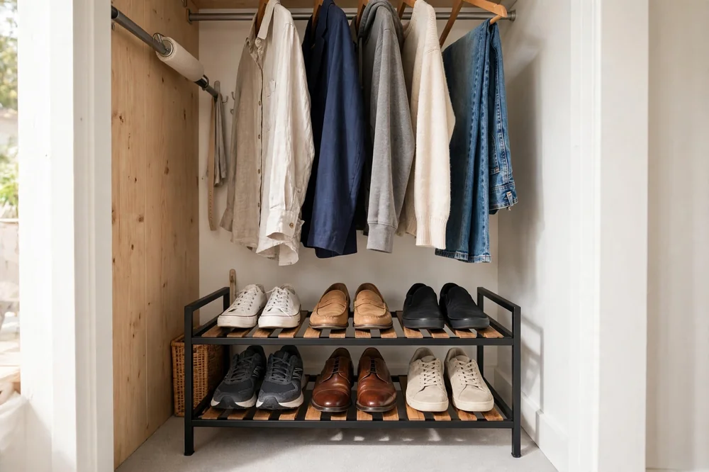 Slim two-tier shoe rack on a closet floor under hanging clothes