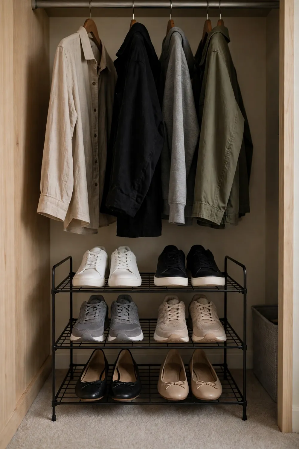 Low 3-tier stackable shoe rack under hanging clothes in a small closet