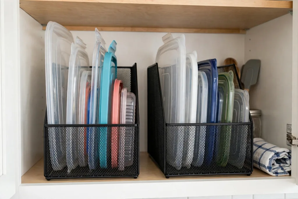 Two metal mesh magazine holders on a cabinet shelf with food container lids filed vertically inside
