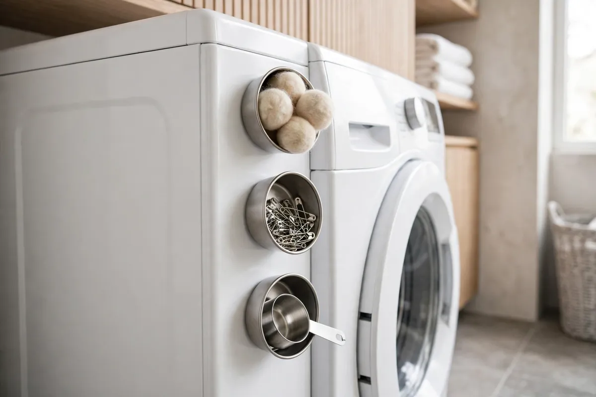 Small magnetic containers attached to the side of a washing machine holding dryer balls and pins