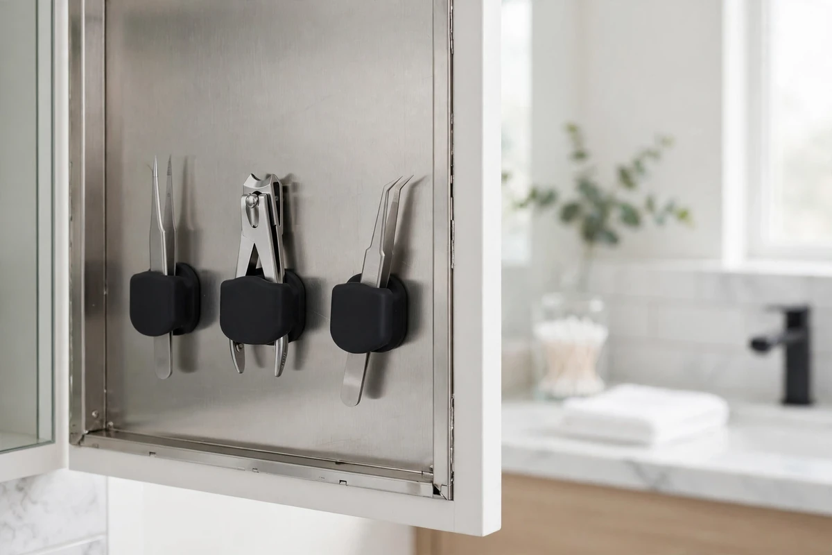 Magnetic pods holding tweezers and nail clippers inside a metal cabinet door