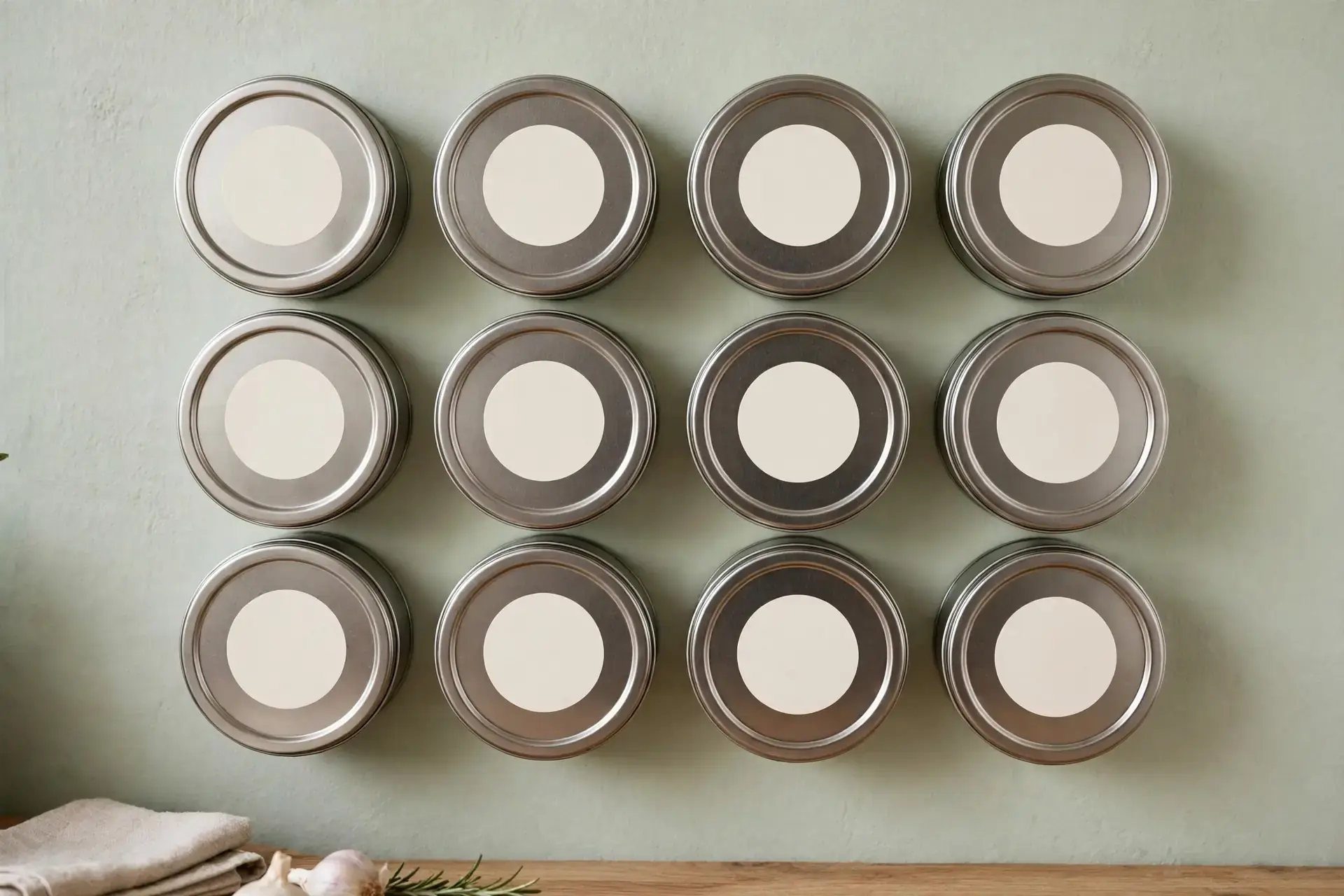 Round magnetic spice tins mounted in neat rows on a kitchen wall