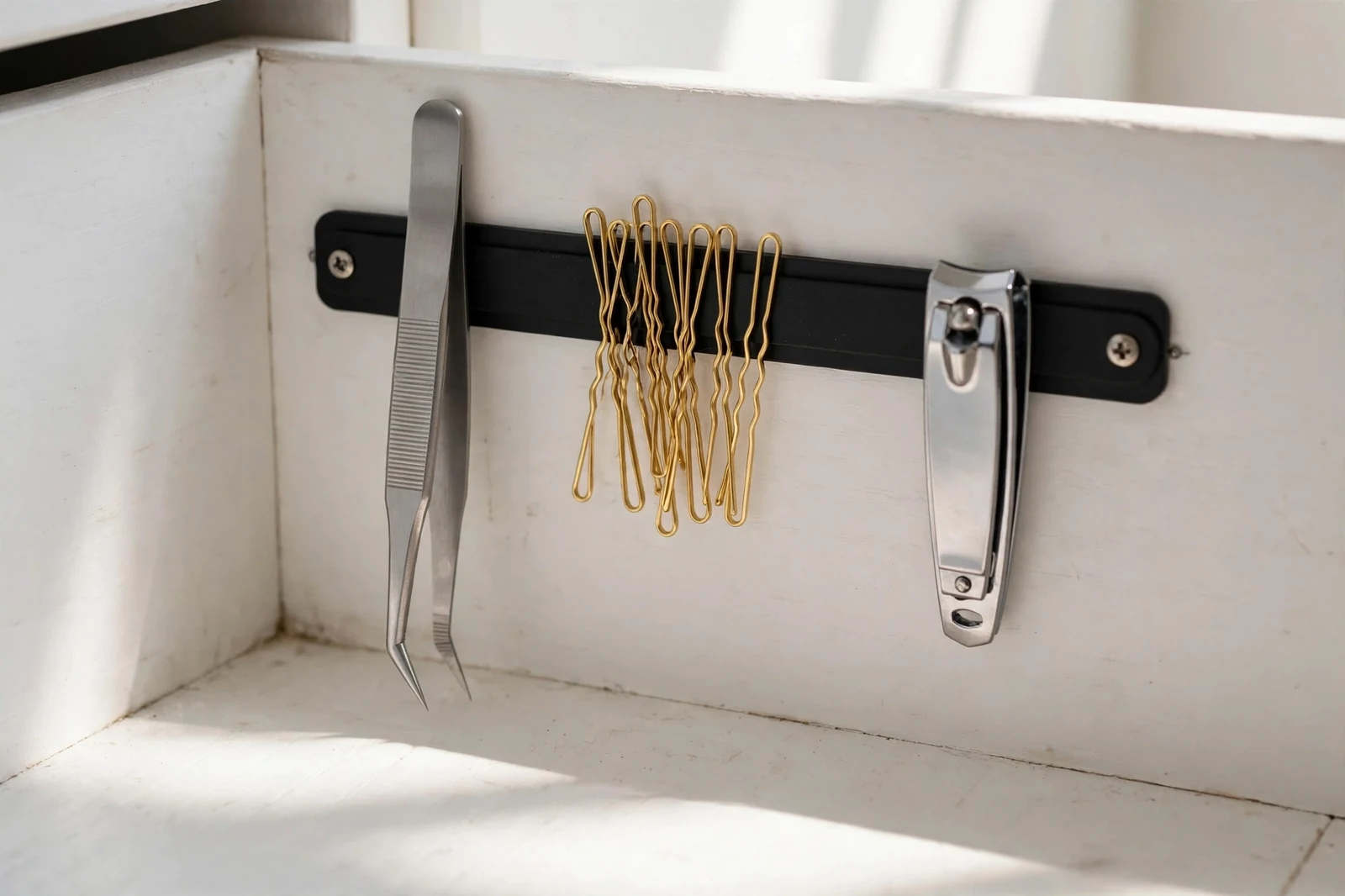 Magnetic strip inside a drawer wall holding tweezers and bobby pins.