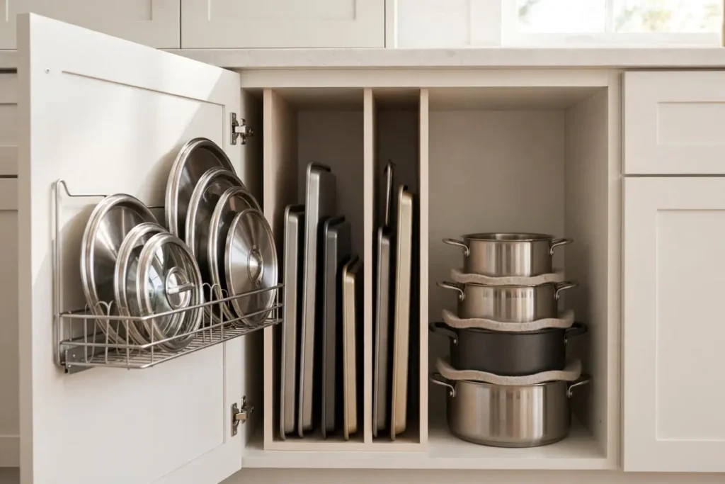 Organized kitchen cabinet with vertical dividers and lid rack, one of 16 pots and pans storage ideas
