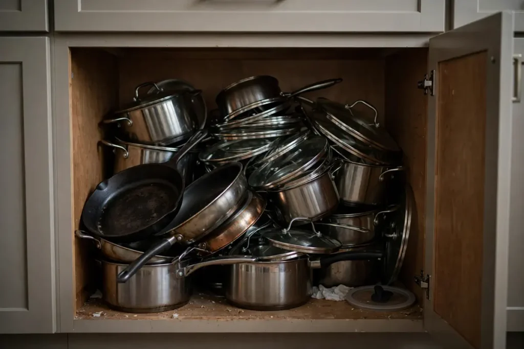 Cluttered kitchen cabinet with jumbled pots and pans before organizing