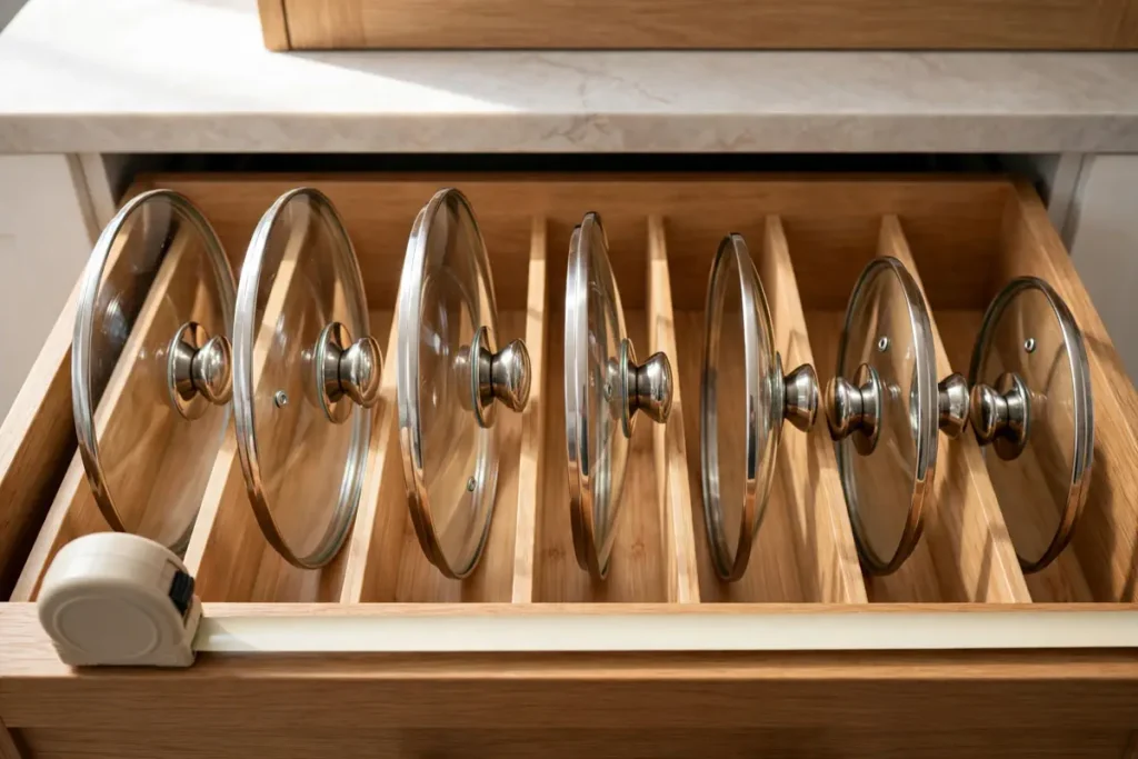 Close-up of an organized drawer with a tape measure showing lid divider fit