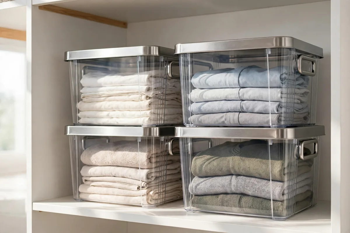Clear stackable storage bins with lids on a closet shelf.