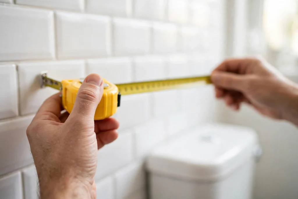 Measuring bathroom wall space with a tape measure before buying a bathroom storage cabinet
