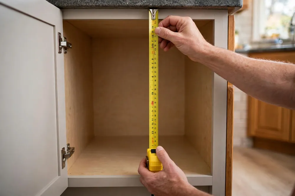 Hands measuring the inside height of an empty kitchen base cabinet with a tape measure