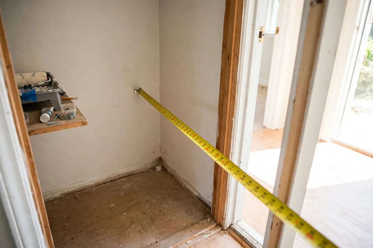 Measuring closet depth from the back wall to the door with a tape measure.