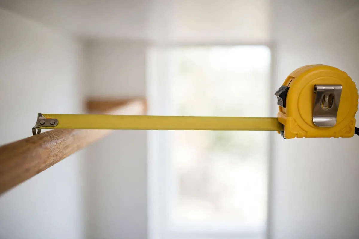 Tape measure stretched across a closet rod to measure closet width before buying an organizer.