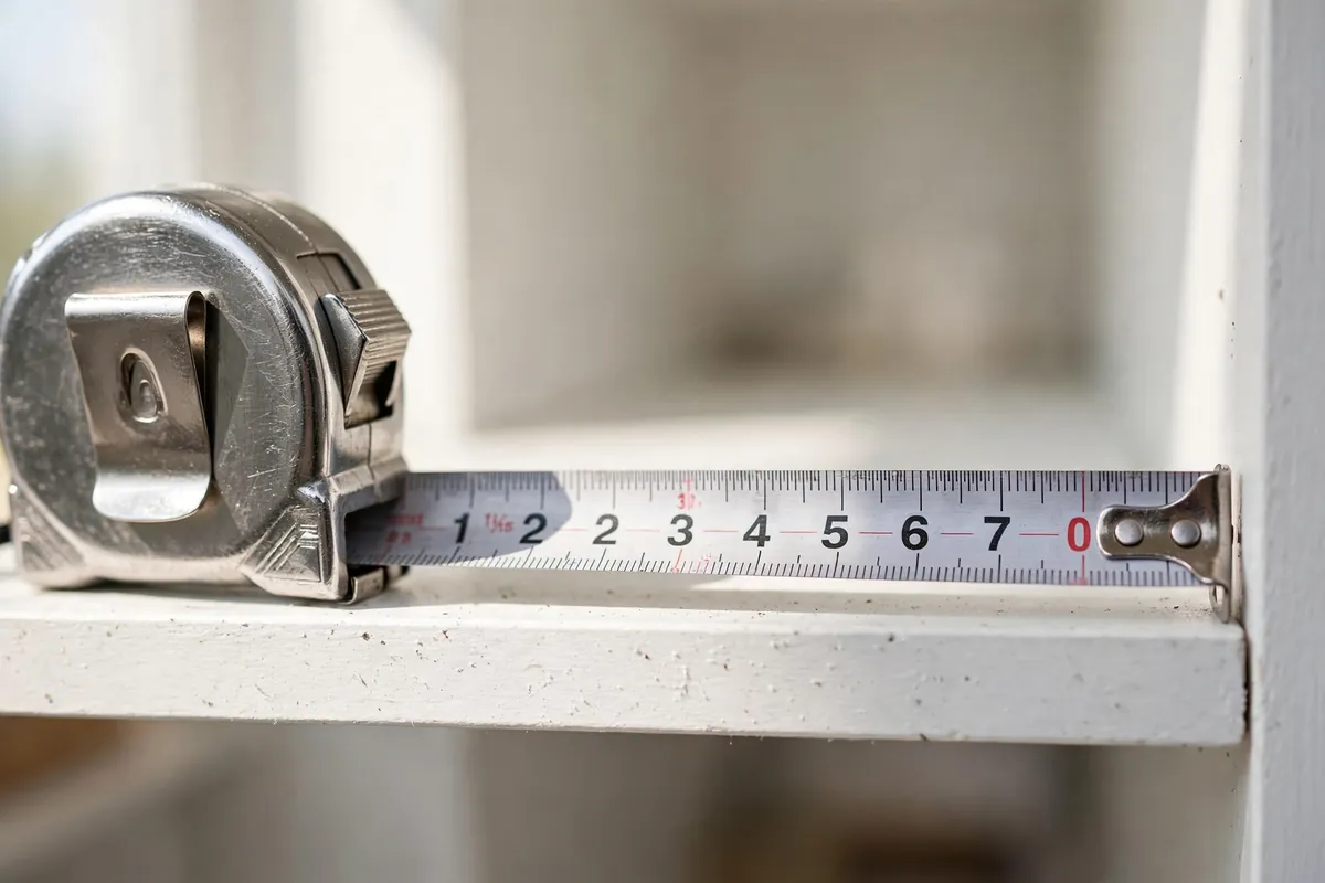 Tape measure showing the depth of a closet shelf.