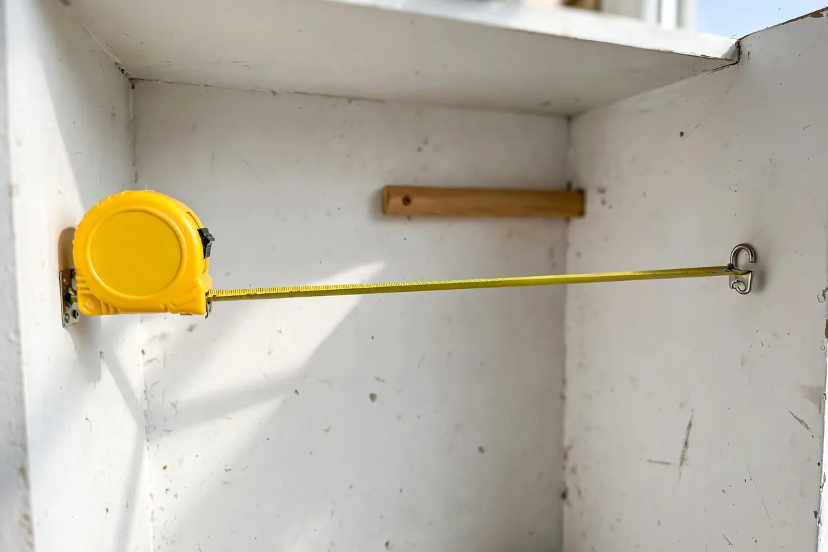 Measuring closet width wall to wall at rod height with a tape measure.