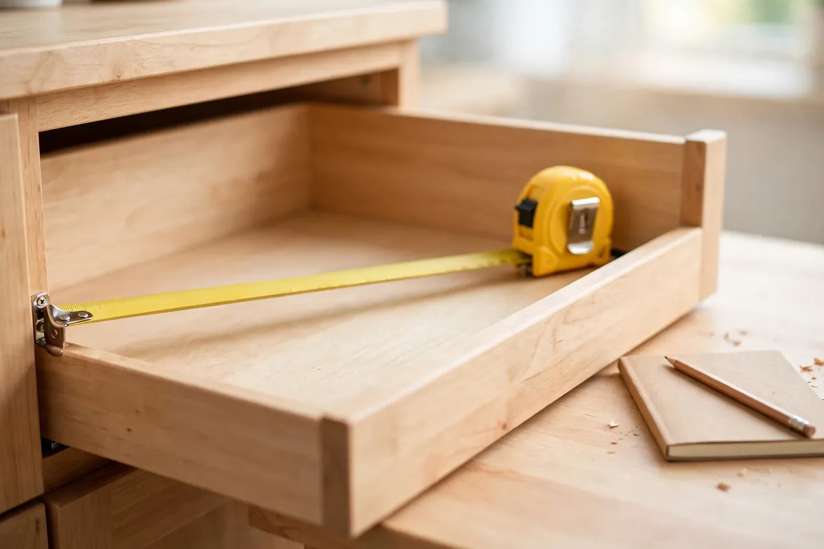 Tape measure stretched across the inside width of an empty kitchen drawer