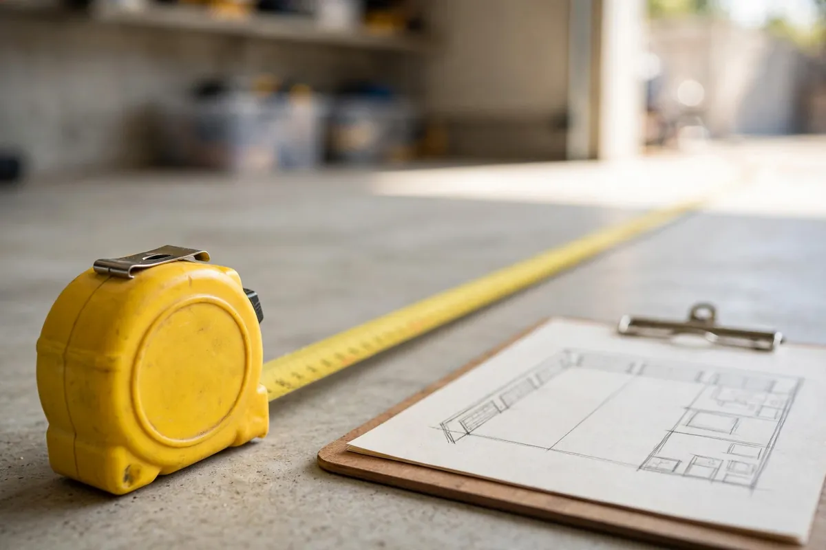Small garage storage ideas start with measuring: tape measure stretched across a garage floor next to a sketched garage layout.